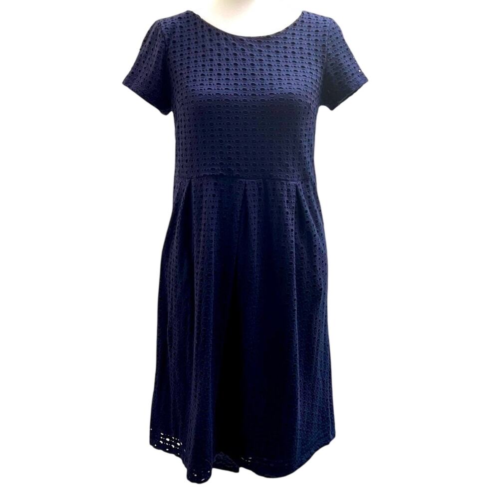 Eight Sixty Cottagecore Eyelet Dress M Medium Deep Scoop Back Navy Box Pleat